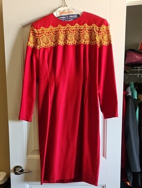 Red Linen Long-Sleeve Dress with Gold Embroidery